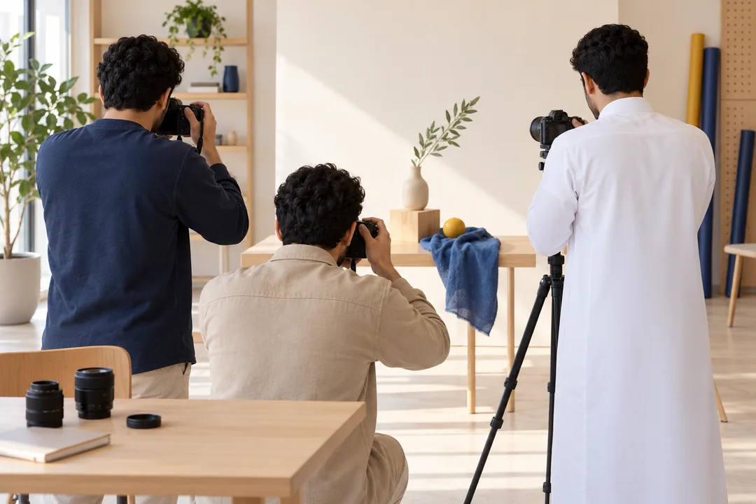 شباب يتدرّبون على التصوير الفوتوغرافي في استوديو