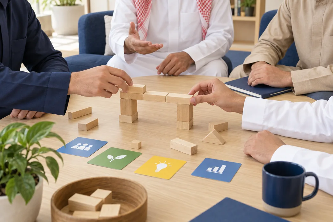 فريق يخطط لقضية على طاولة عمل ببطاقات ومكعبات