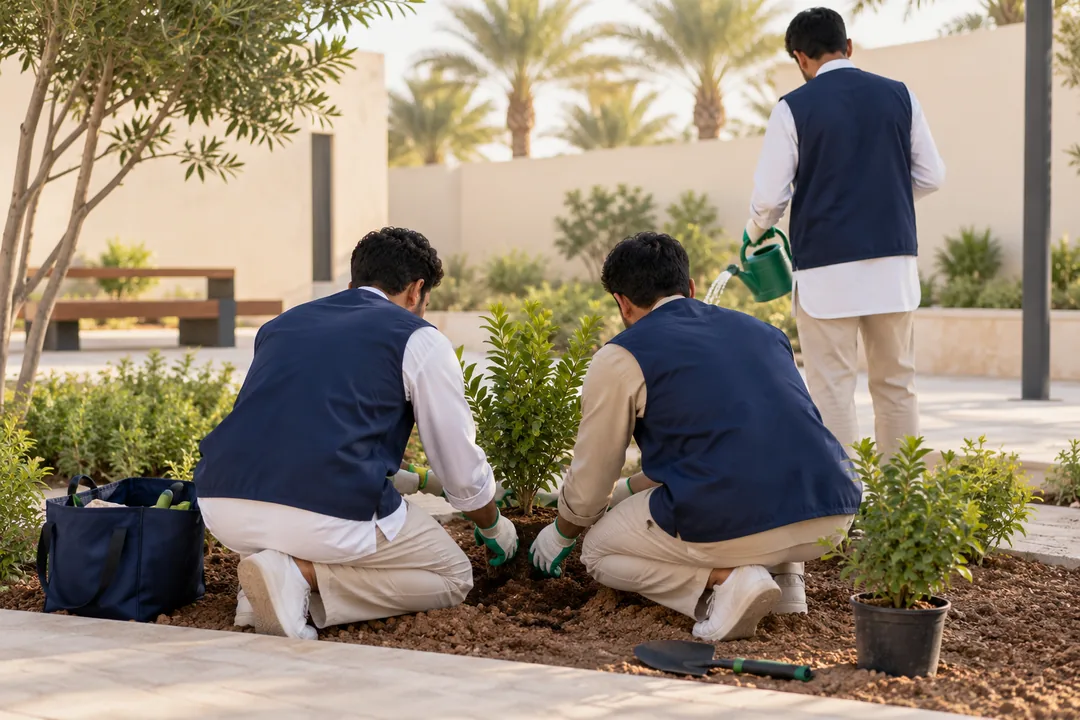 متطوعون يغرسون الشتلات ويسقونها في ساحة عامة