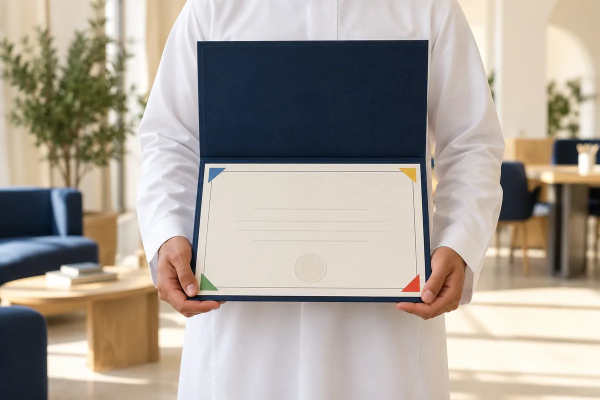 شاب يحمل شهادة اعتماد داخل ملف كحلي مفتوح