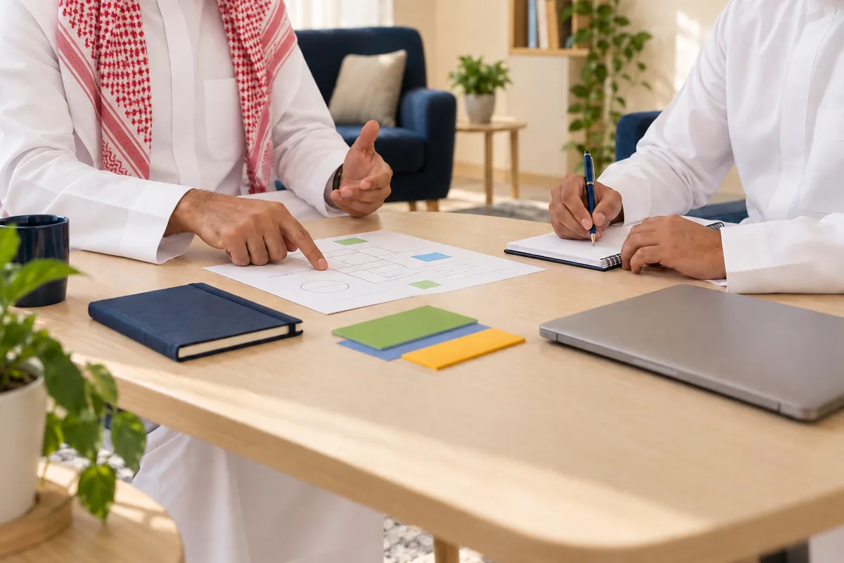 مستشار يناقش خطة مع قائد فريق يدوّن ملاحظاته