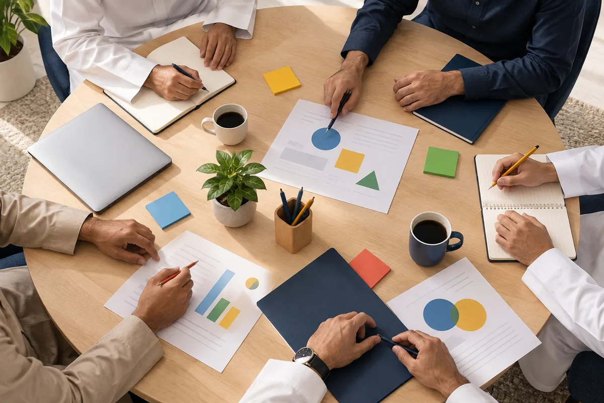 طاولة عمل مستديرة تجمع المشاركين وأوراق التخطيط